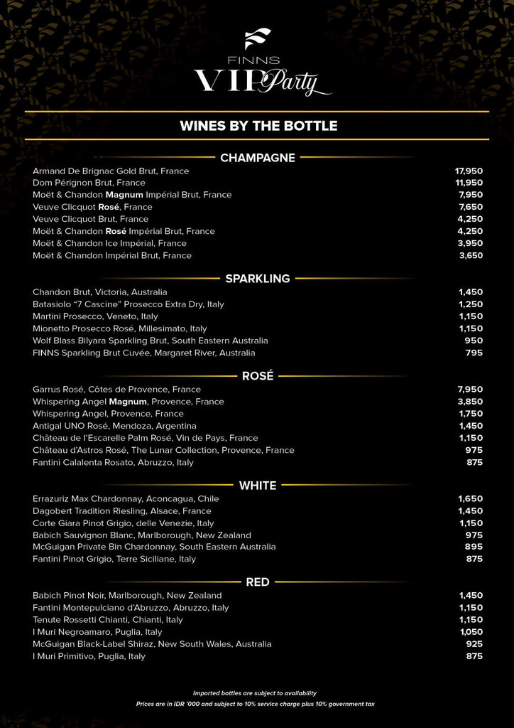 finns bali bottle menu