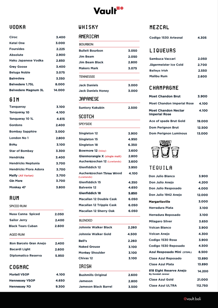 the vault bali bottle menu